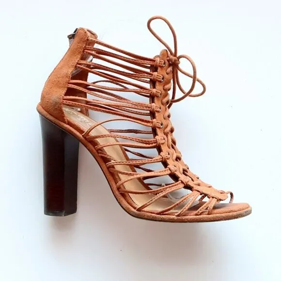 SCHUTZ Tan Suede Leather Strappy Caged Lace-up Sandals Heels Summer Shoes 10