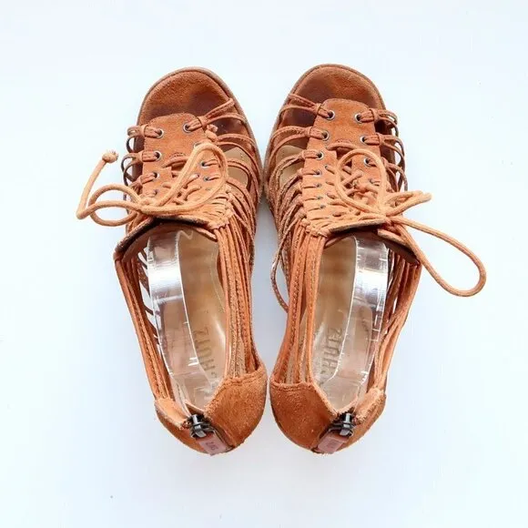 SCHUTZ Tan Suede Leather Strappy Caged Lace-up Sandals Heels Summer Shoes 10
