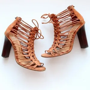 SCHUTZ Tan Suede Leather Strappy Caged Lace-up Sandals Heels Summer Shoes 10