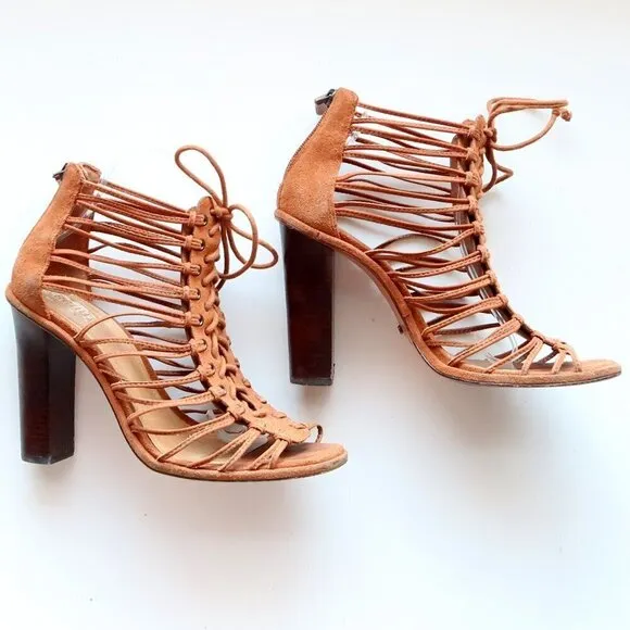 SCHUTZ Tan Suede Leather Strappy Caged Lace-up Sandals Heels Summer Shoes 10
