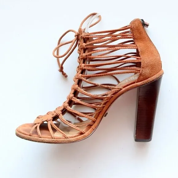 SCHUTZ Tan Suede Leather Strappy Caged Lace-up Sandals Heels Summer Shoes 10