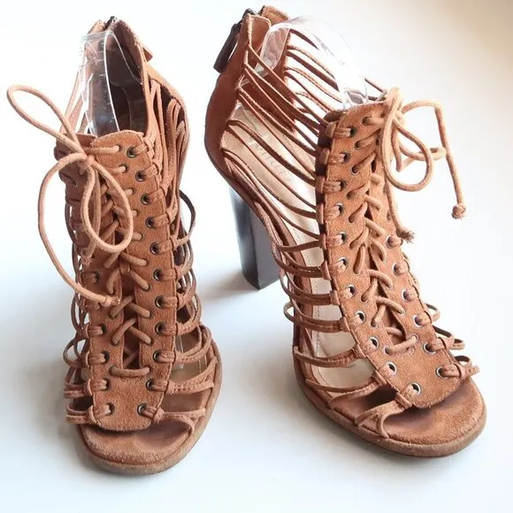 SCHUTZ Tan Suede Leather Strappy Caged Lace-up Sandals Heels Summer Shoes 10
