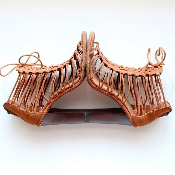 SCHUTZ Tan Suede Leather Strappy Caged Lace-up Sandals Heels Summer Shoes 10