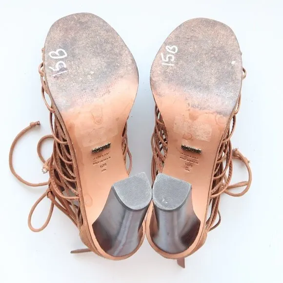 SCHUTZ Tan Suede Leather Strappy Caged Lace-up Sandals Heels Summer Shoes 10