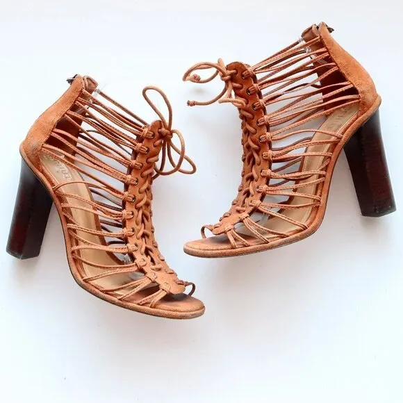 SCHUTZ Tan Suede Leather Strappy Caged Lace-up Sandals Heels Summer Shoes 10