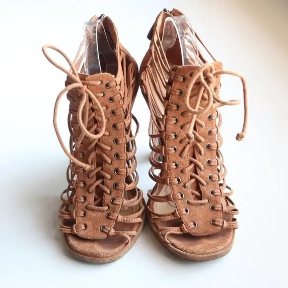 SCHUTZ Tan Suede Leather Strappy Caged Lace-up Sandals Heels Summer Shoes 10