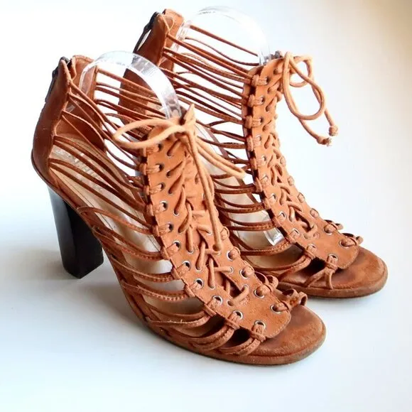 SCHUTZ Tan Suede Leather Strappy Caged Lace-up Sandals Heels Summer Shoes 10