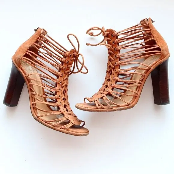 SCHUTZ Tan Suede Leather Strappy Caged Lace-up Sandals Heels Summer Shoes 10