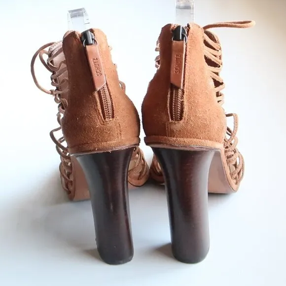 SCHUTZ Tan Suede Leather Strappy Caged Lace-up Sandals Heels Summer Shoes 10