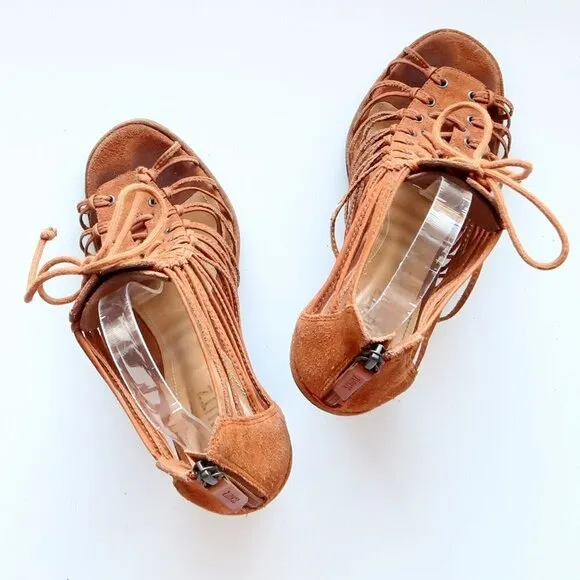 SCHUTZ Tan Suede Leather Strappy Caged Lace-up Sandals Heels Summer Shoes 10