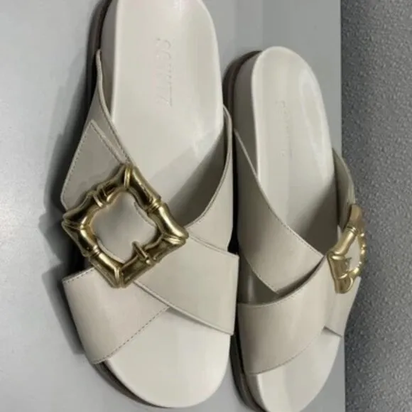 Schutz Womens Enola Sporty Sandal US8B Low Heel Crossover Straps Slide in Pearl
