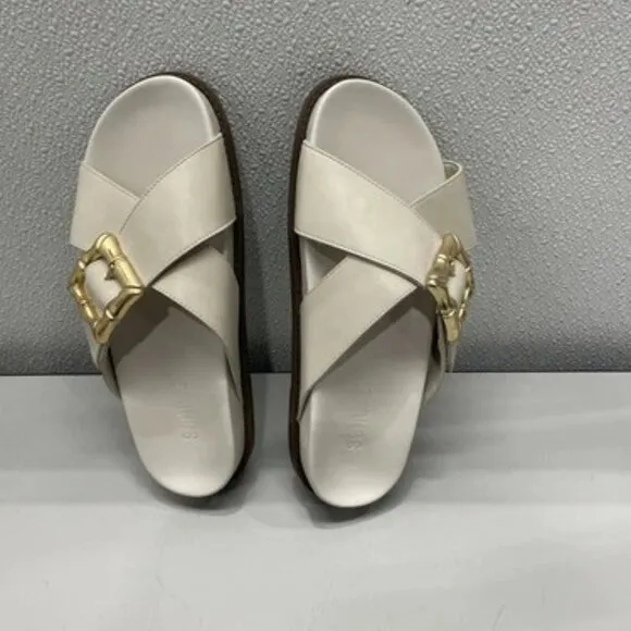 Schutz Womens Enola Sporty Sandal US8B Low Heel Crossover Straps Slide in Pearl