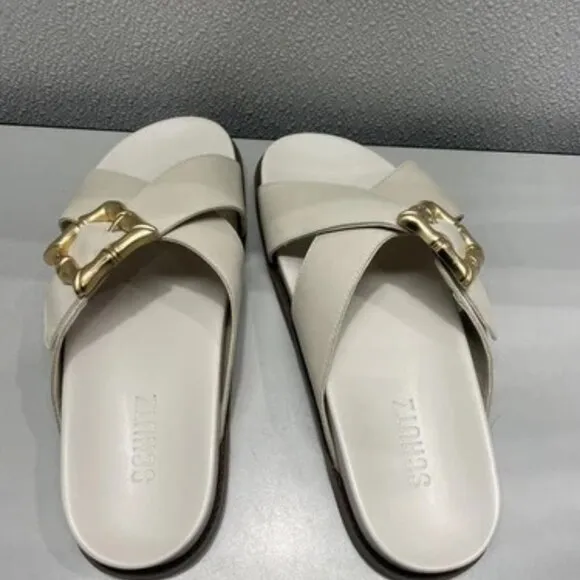 Schutz Womens Enola Sporty Sandal US8B Low Heel Crossover Straps Slide in Pearl
