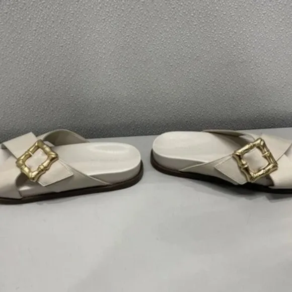 Schutz Womens Enola Sporty Sandal US8B Low Heel Crossover Straps Slide in Pearl