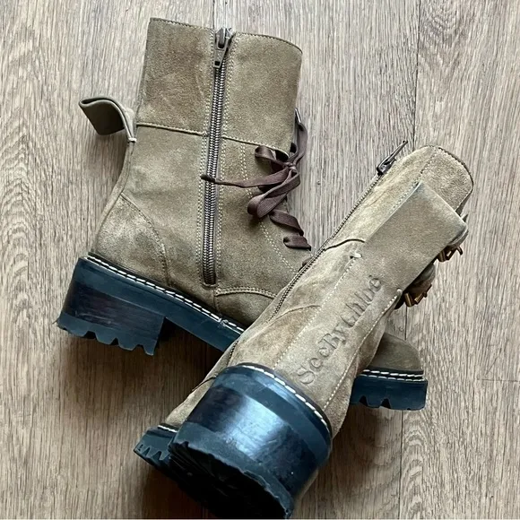 see by chloé boots Mallory women’s biker moto boot khaki suede leather olive tan
