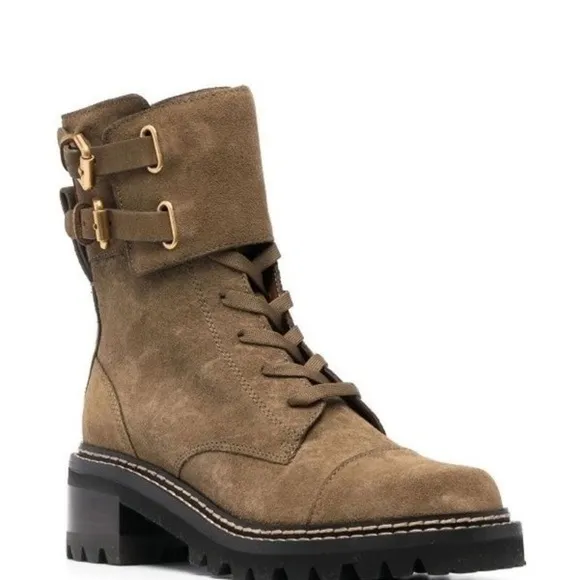 see by chloé boots Mallory women’s biker moto boot khaki suede leather olive tan