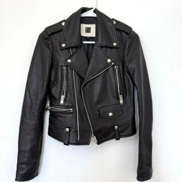 SELECTIZM Leather Moto Jacket Black Asymmetrical Zip Silver Hardware Women 44