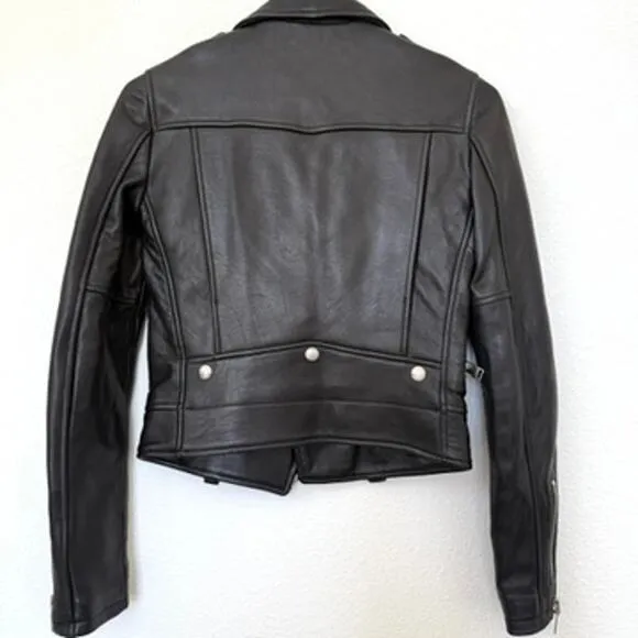 SELECTIZM Leather Moto Jacket Black Asymmetrical Zip Silver Hardware Women 44
