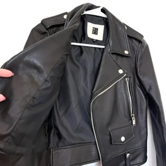 SELECTIZM Leather Moto Jacket Black Asymmetrical Zip Silver Hardware Women 44