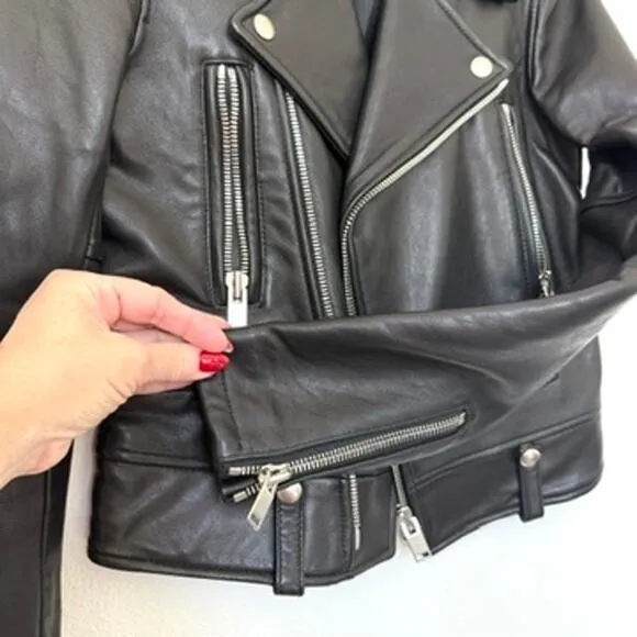 SELECTIZM Leather Moto Jacket Black Asymmetrical Zip Silver Hardware Women 44