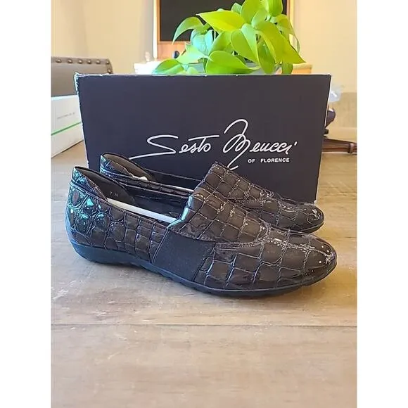 Sesto Meucci Womens Size 7N Patent Leather Croc Brown Slip On Flats Italian
