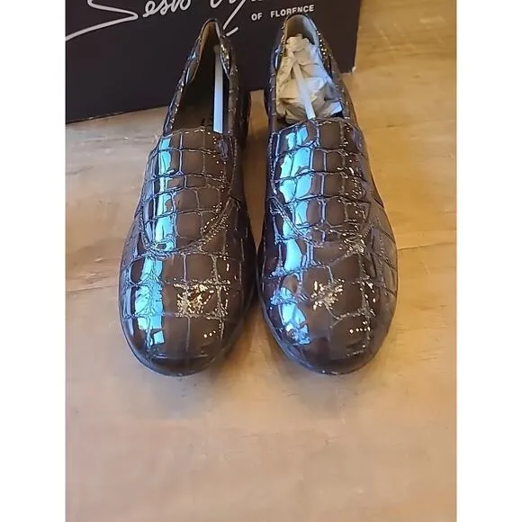 Sesto Meucci Womens Size 7N Patent Leather Croc Brown Slip On Flats Italian