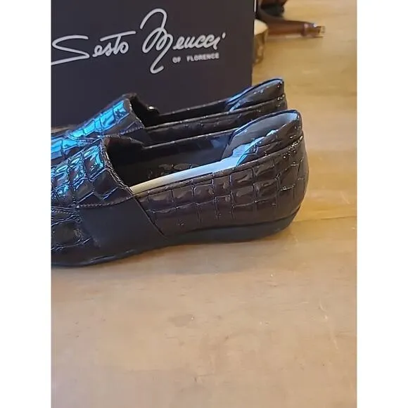 Sesto Meucci Womens Size 7N Patent Leather Croc Brown Slip On Flats Italian