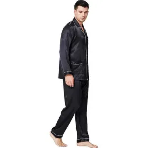 Set Mens Silk Satin Pajamas Long Sleeve Black