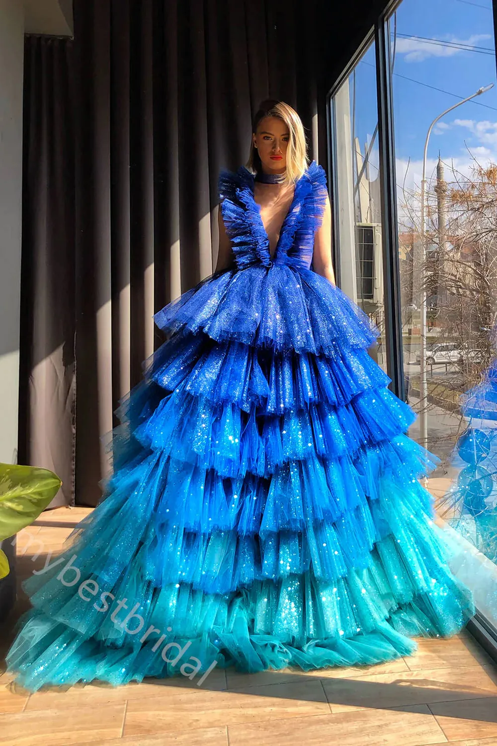 Sexy Deep V-neck Sleeveless A-line Floor Length Prom Dress,PDS11585