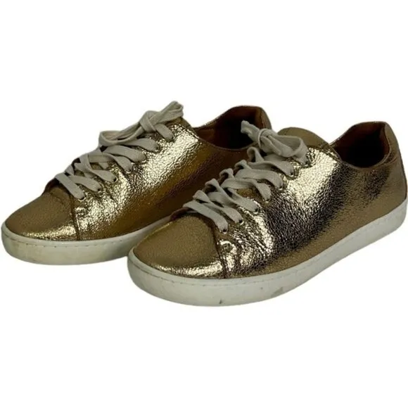 Sezane Gold Jack Sneakers Lace Up Shoes Size 7 Round Toe Skate Flat French Bling