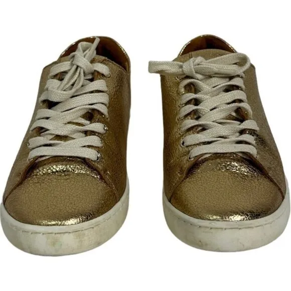 Sezane Gold Jack Sneakers Lace Up Shoes Size 7 Round Toe Skate Flat French Bling