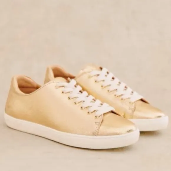 Sezane Gold Jack Sneakers Lace Up Shoes Size 7 Round Toe Skate Flat French Bling