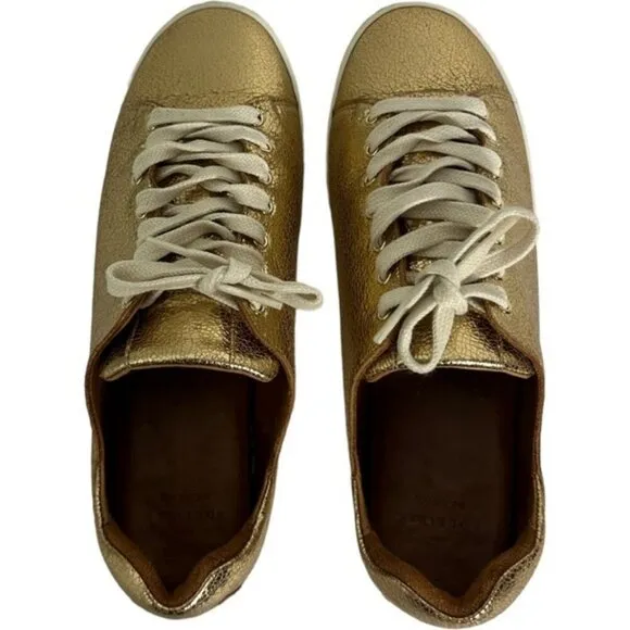 Sezane Gold Jack Sneakers Lace Up Shoes Size 7 Round Toe Skate Flat French Bling