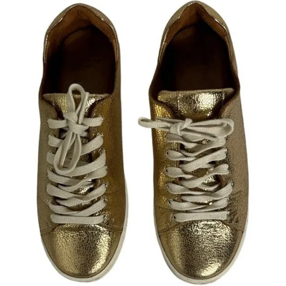 Sezane Gold Jack Sneakers Lace Up Shoes Size 7 Round Toe Skate Flat French Bling