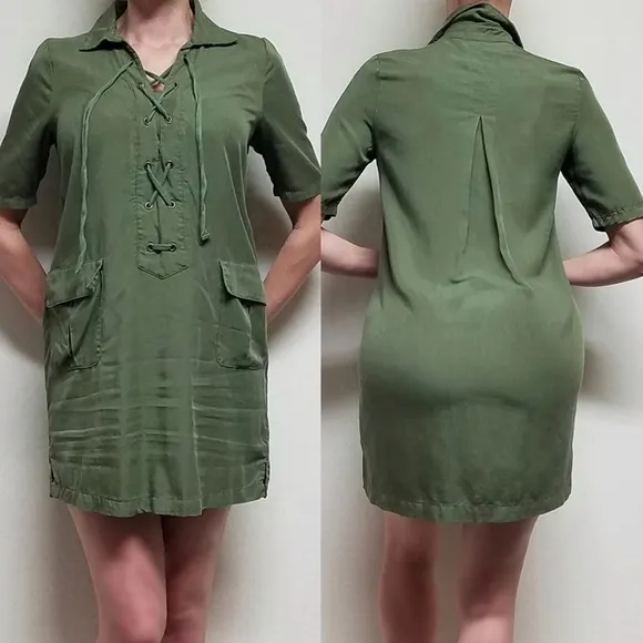 Sister Kate's Olive Green Lace-up Short Sleeve Lightweight Mini Shirt Dress S