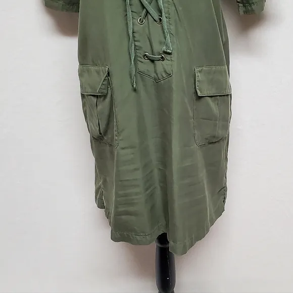 Sister Kate's Olive Green Lace-up Short Sleeve Lightweight Mini Shirt Dress S