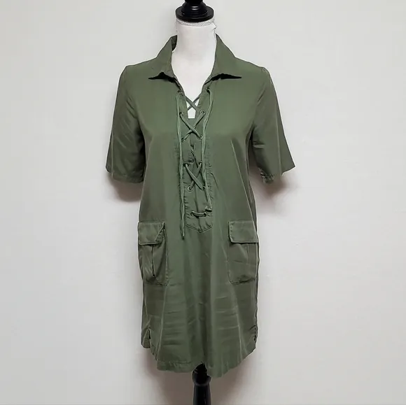 Sister Kate's Olive Green Lace-up Short Sleeve Lightweight Mini Shirt Dress S