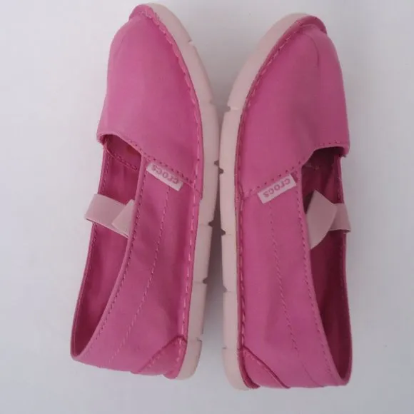 SIZE 12C. CROCS cabo mary jane pink canvas sneakers shoes.