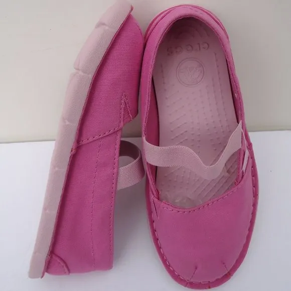 SIZE 12C. CROCS cabo mary jane pink canvas sneakers shoes.