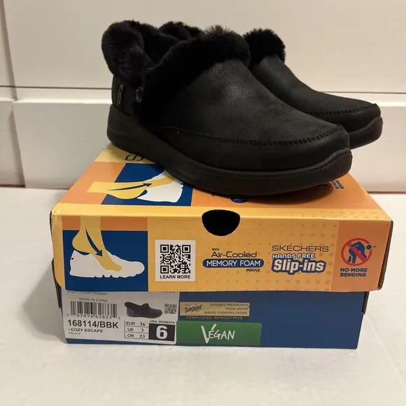 Skechers Cozy Escape Slip-ins Women's 6M Black Faux-fur