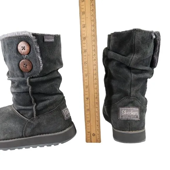 Skechers Shoes Womens 6 Boots Winter Slouchy Comfort Warm Leather Faux Fur Gray