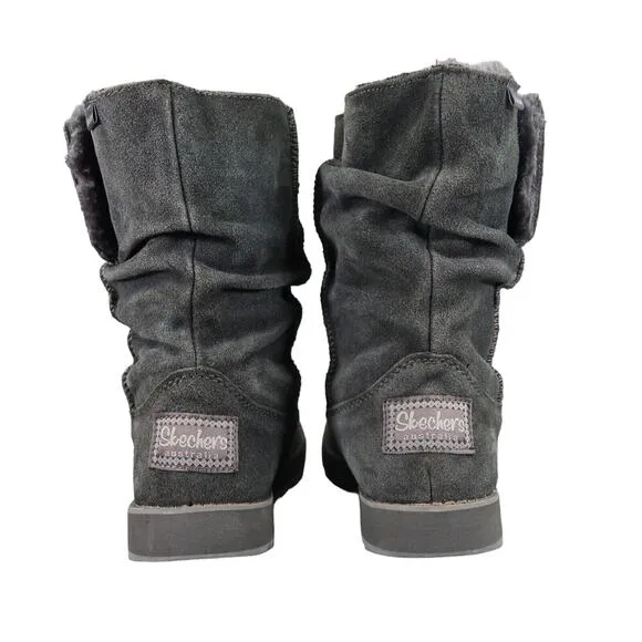 Skechers Shoes Womens 6 Boots Winter Slouchy Comfort Warm Leather Faux Fur Gray