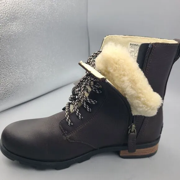 Sorel boots Emelie Short Lace Up women brown Leather Cozy Waterproof Size 8 new