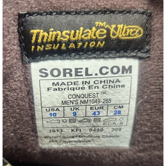 Sorel Conquest Men's 10 Brown Waterproof 400g Insulated Winter Boots NM1049-265