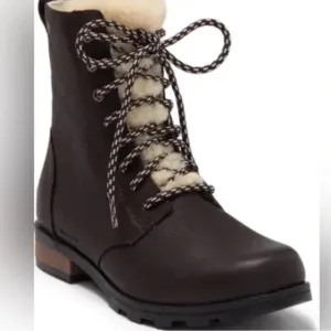 SOREL Emelie boots Genuine Shearling Lamb‎ Fur Short Lace-Up dark brown NEW 6.5