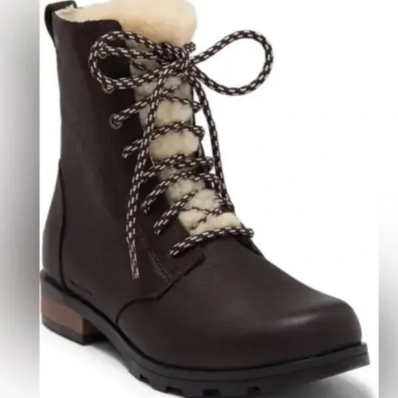 SOREL Emelie boots Genuine Shearling Lamb‎ Fur Short Lace-Up dark brown NEW 6.5