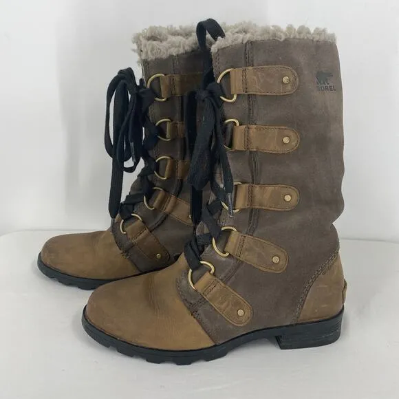 Sorel Emelie Combat Winter Shearling Leather Tall Boots Size 6