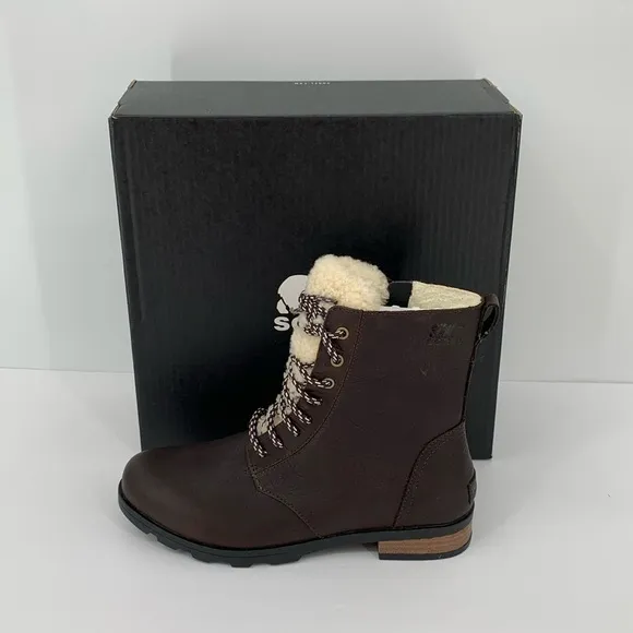 Sorel Emelie Short Lace Cozy Boots brown leather shearling winter waterproof 10