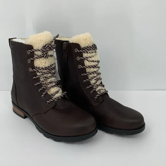 Sorel Emelie Short Lace Cozy Boots brown leather shearling winter waterproof 10
