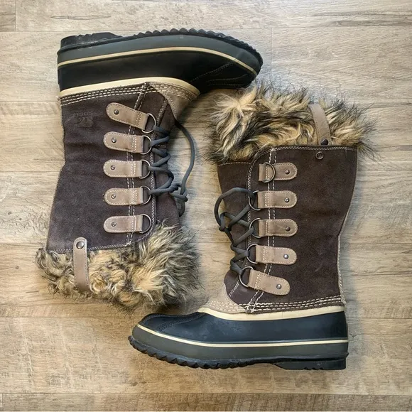 Sorel Joan of Arctic Tall Mid Calf Suede Fur Trim Waterproof Lace Boots